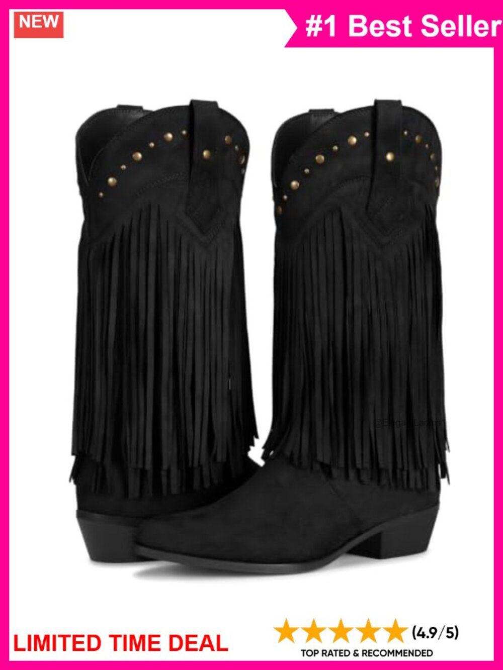 Faux Suede Fringe Cowboy Boots Pointed Toe Chunky Block Heel Western Boots